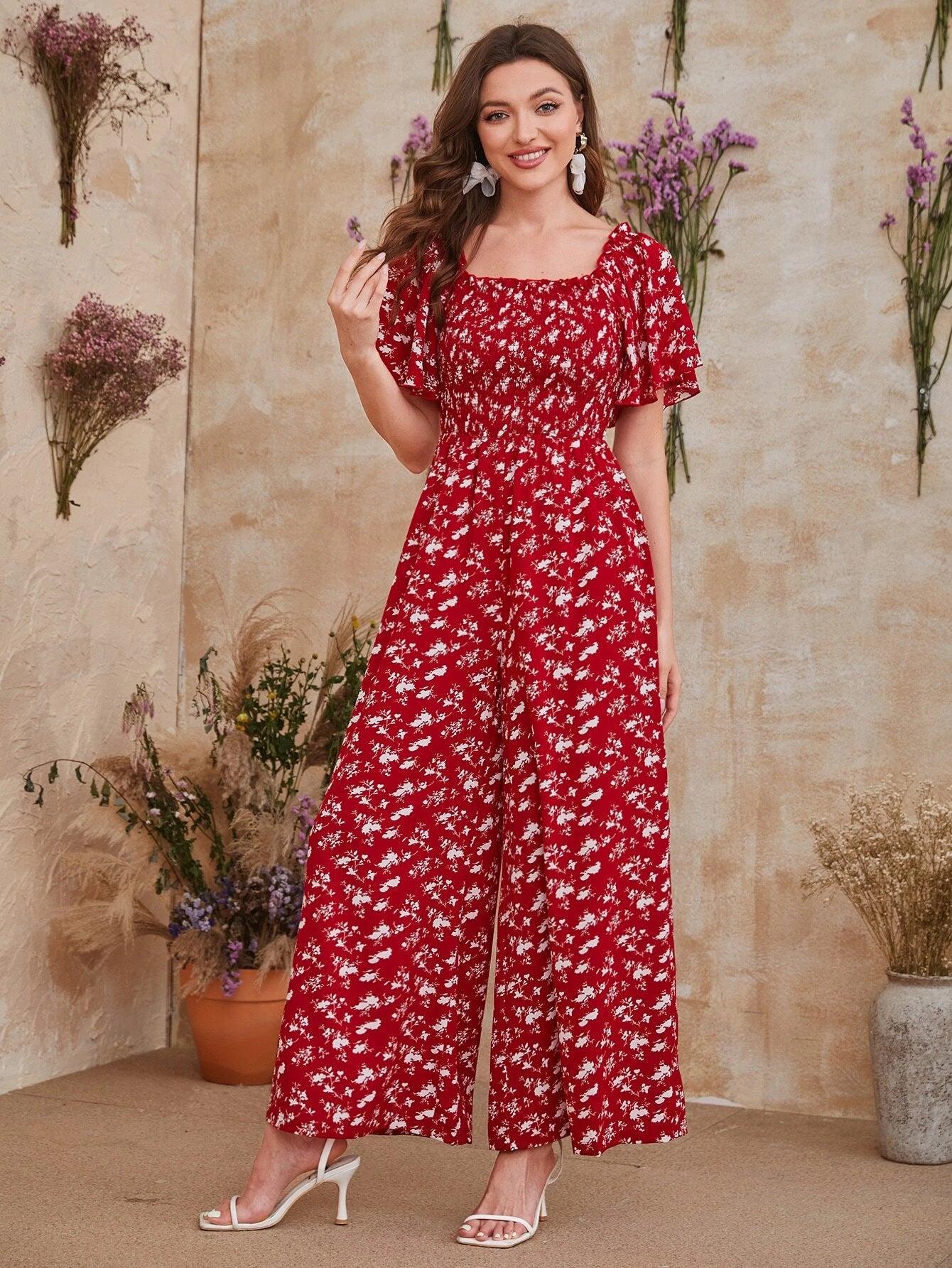 Printed Floral Short Sleeve Jumpsuit-Comfy Jumpsuits