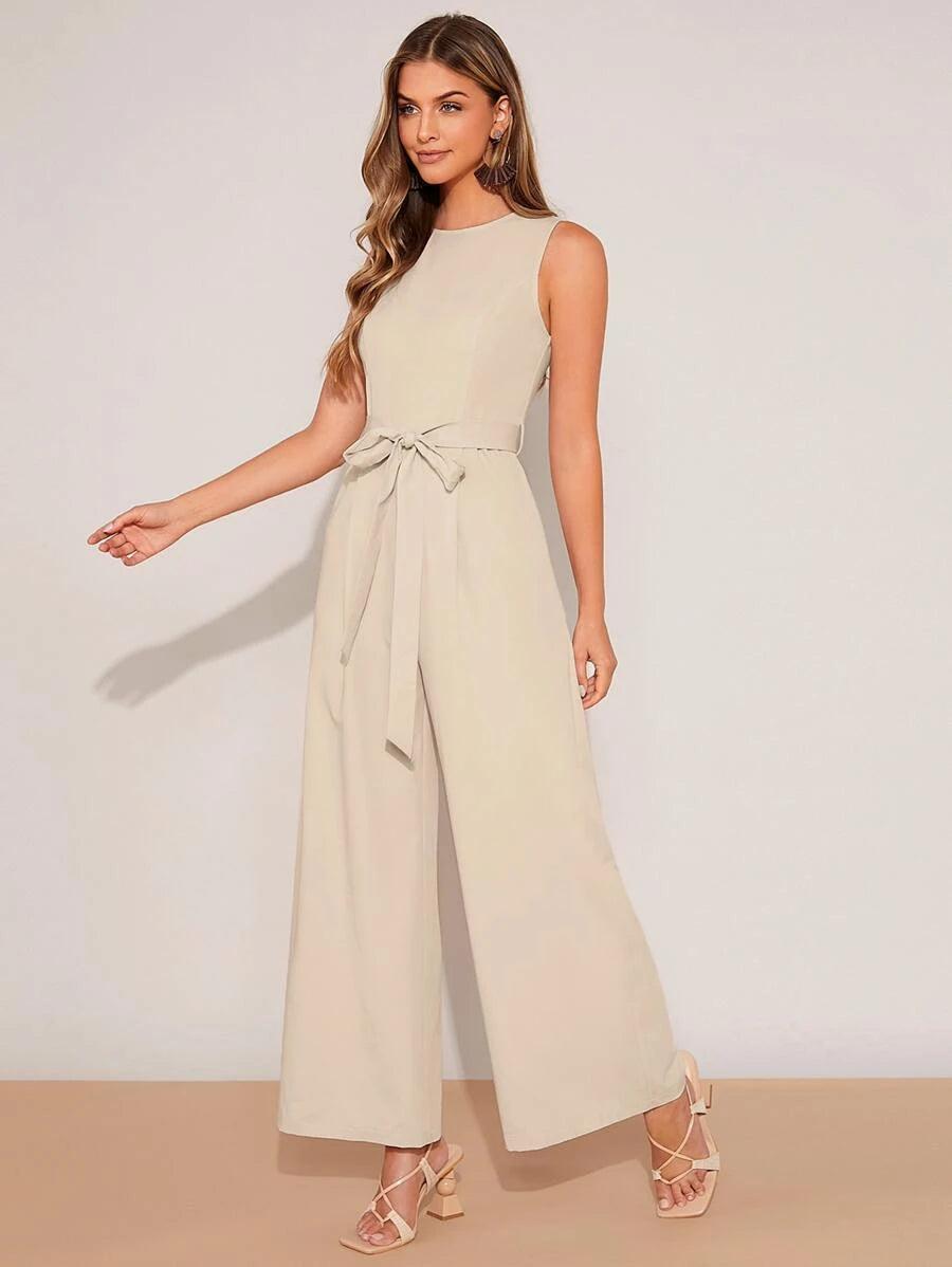 Plicated Detail Wide Leg Belted Jumpsuit-Comfy Jumpsuits