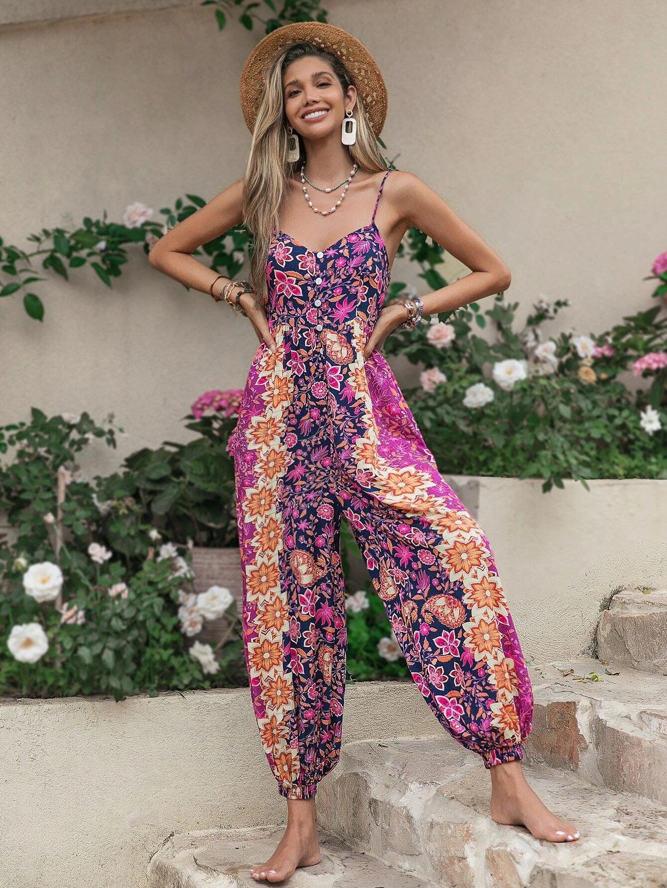 Floral Print Button Front Cami Jumpsuit-Comfy Jumpsuits