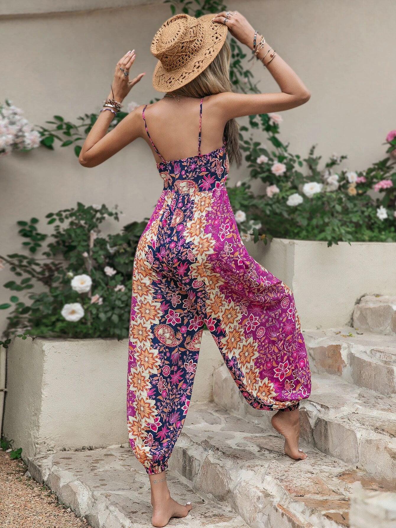 Floral Print Button Front Cami Jumpsuit-Comfy Jumpsuits