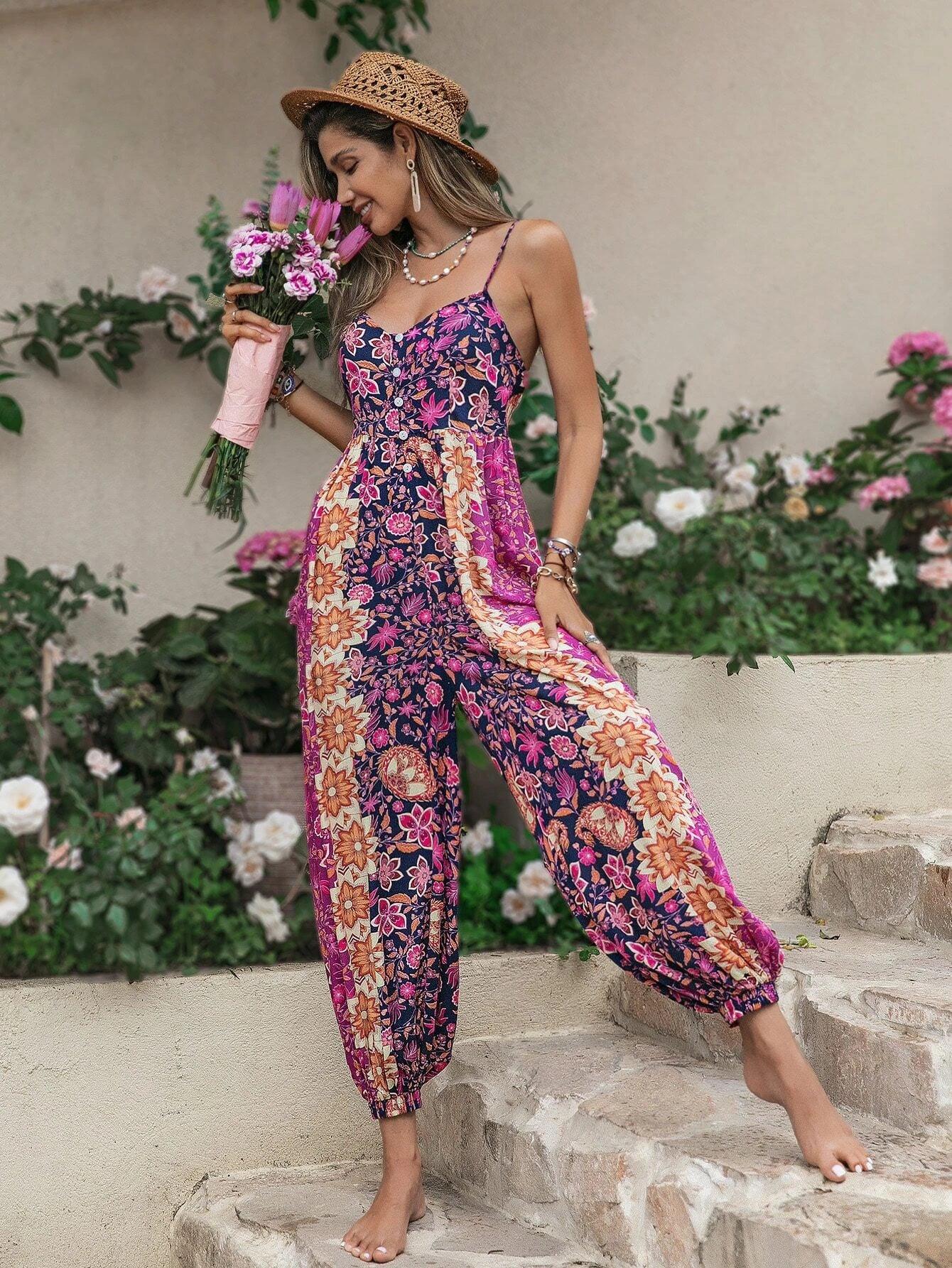 Floral Print Button Front Cami Jumpsuit-Comfy Jumpsuits