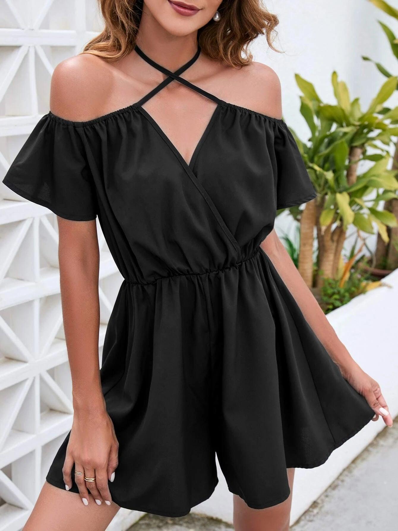 Halter Neck Flutter Sleeve Romper-Comfy Jumpsuits