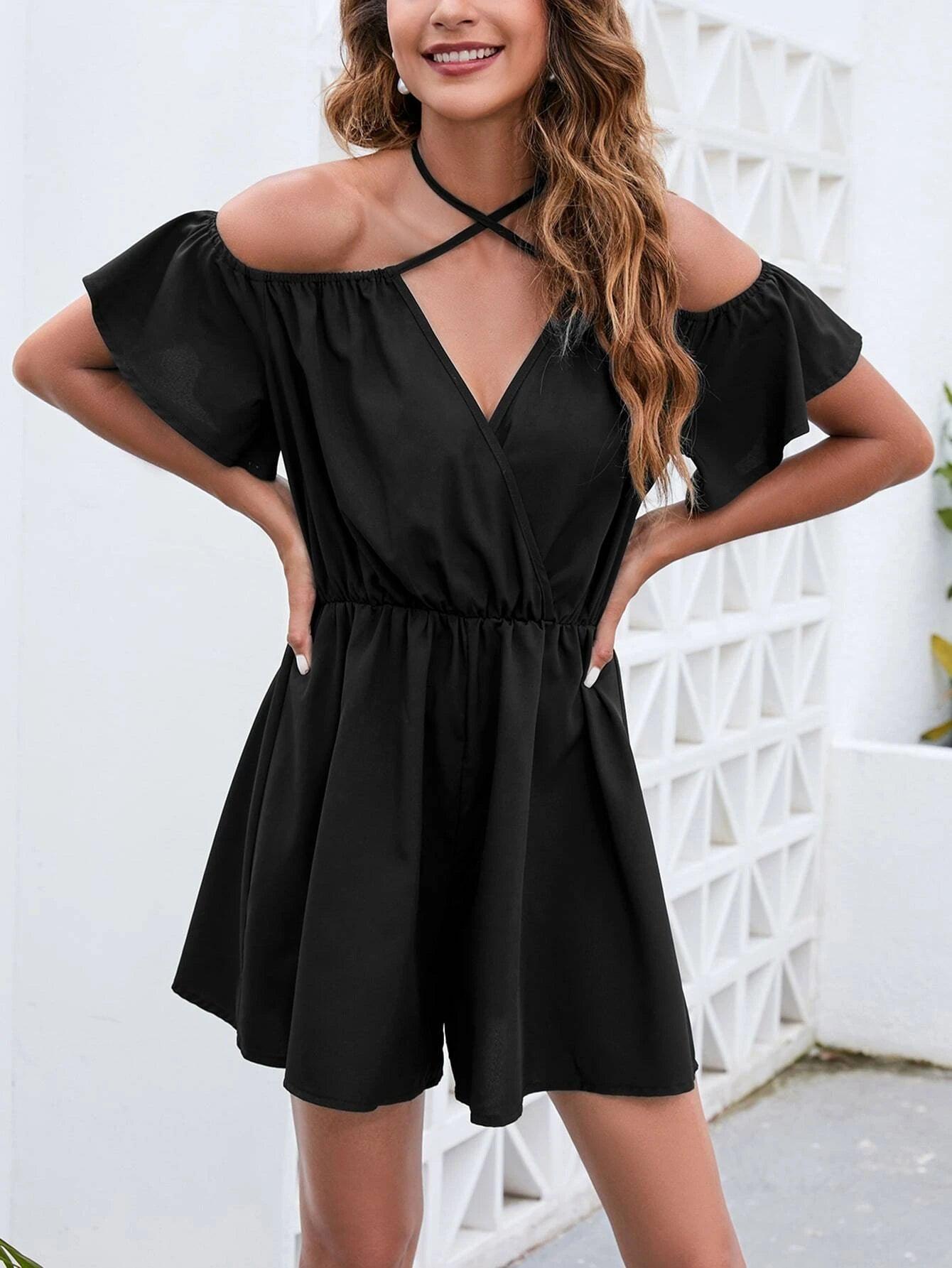 Halter Neck Flutter Sleeve Romper-Comfy Jumpsuits