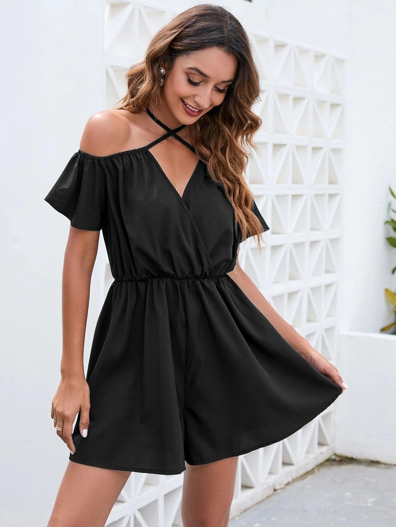 Halter Neck Flutter Sleeve Romper-Comfy Jumpsuits
