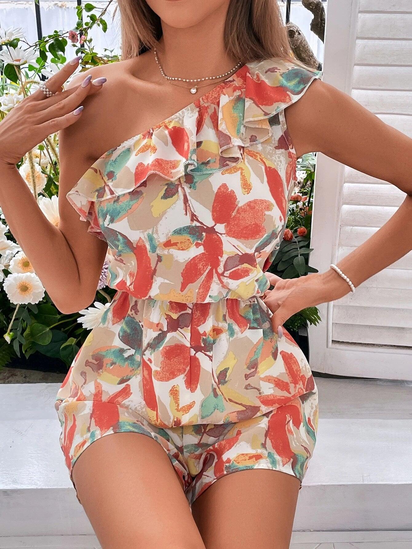 One Shoulder Neckline Ruffle Trim Romper-Comfy Jumpsuits