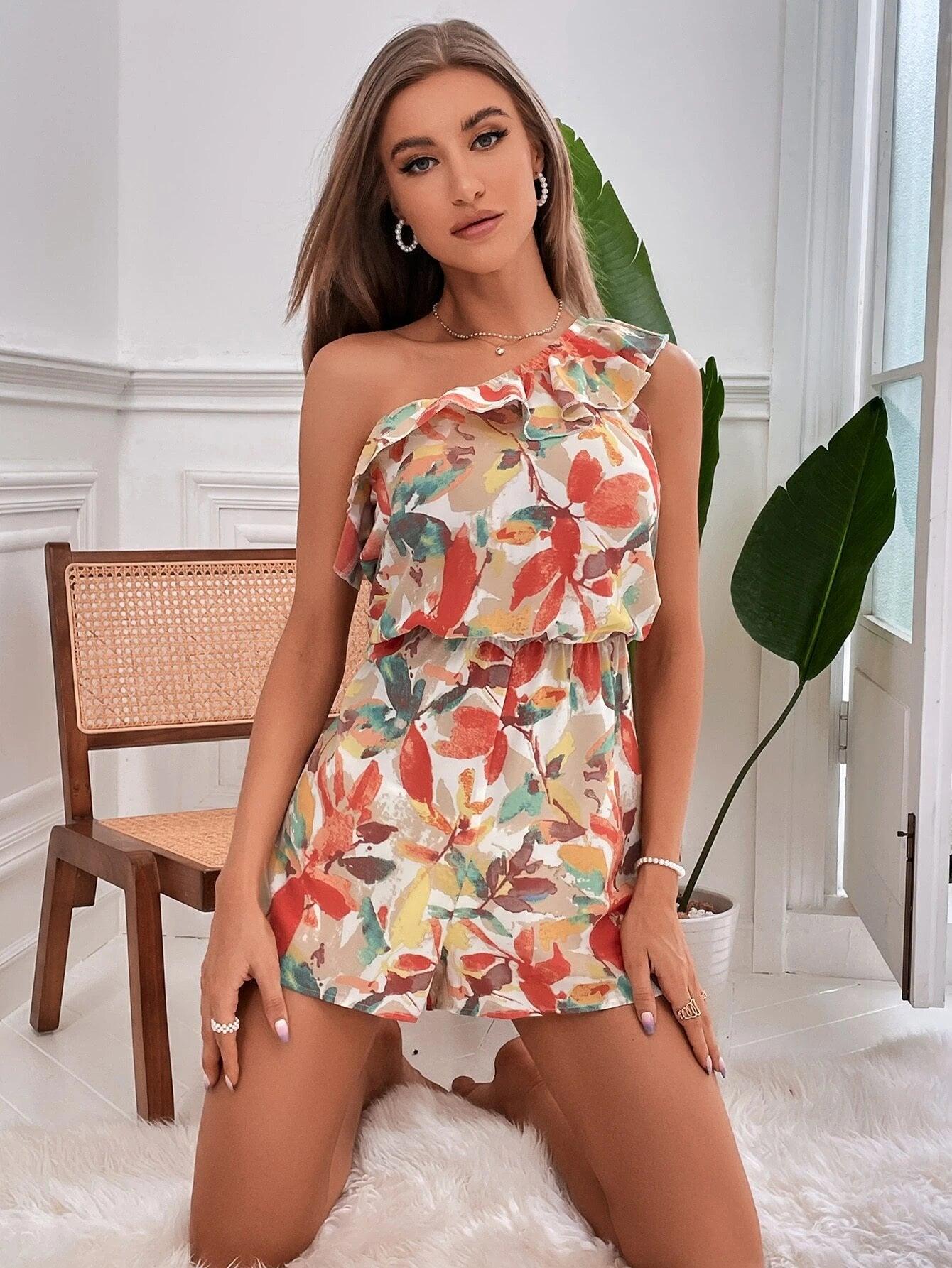 One Shoulder Neckline Ruffle Trim Romper-Comfy Jumpsuits