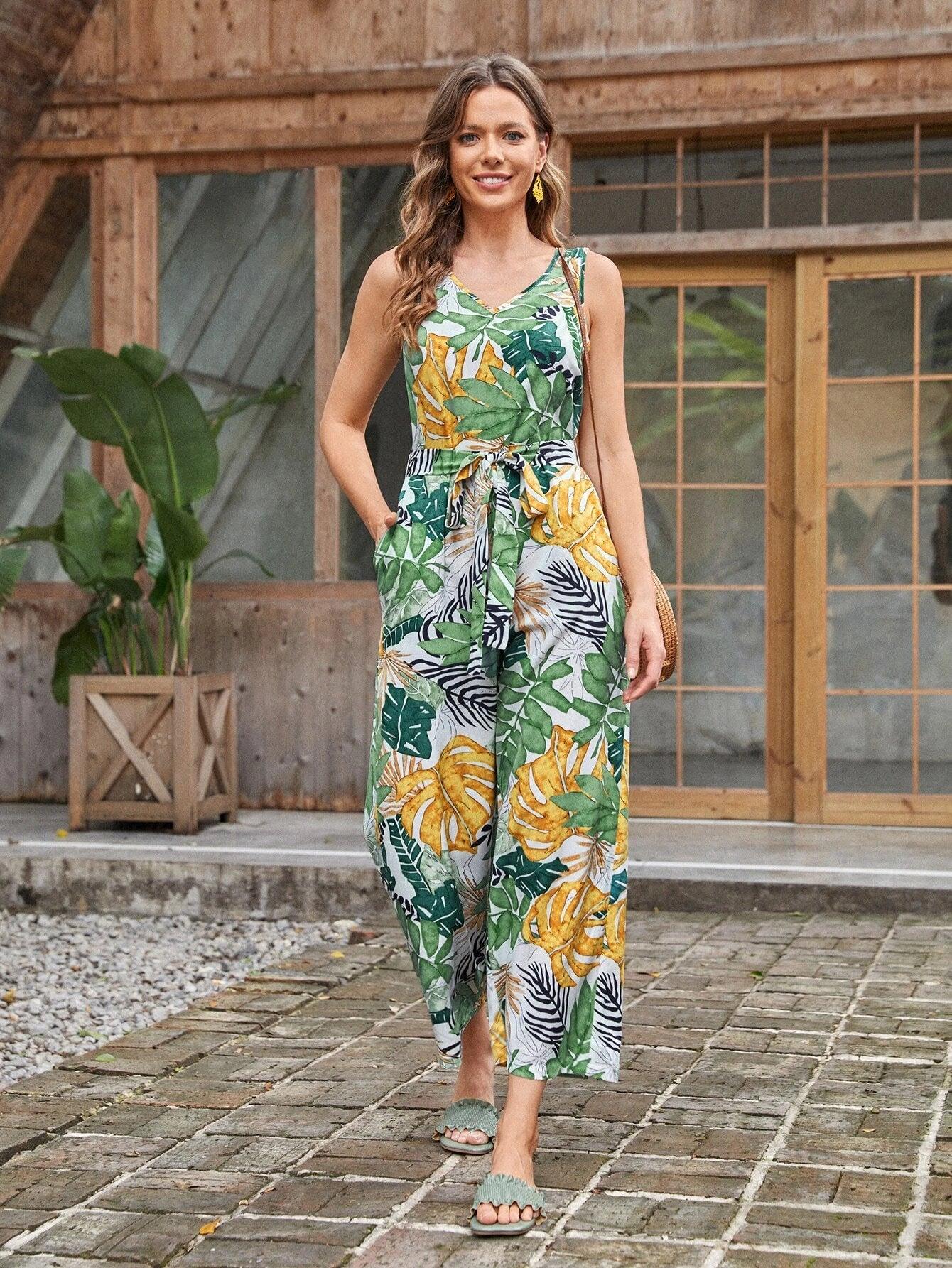Tropical Printed Wide Leg Jumpsuit-Comfy Jumpsuits