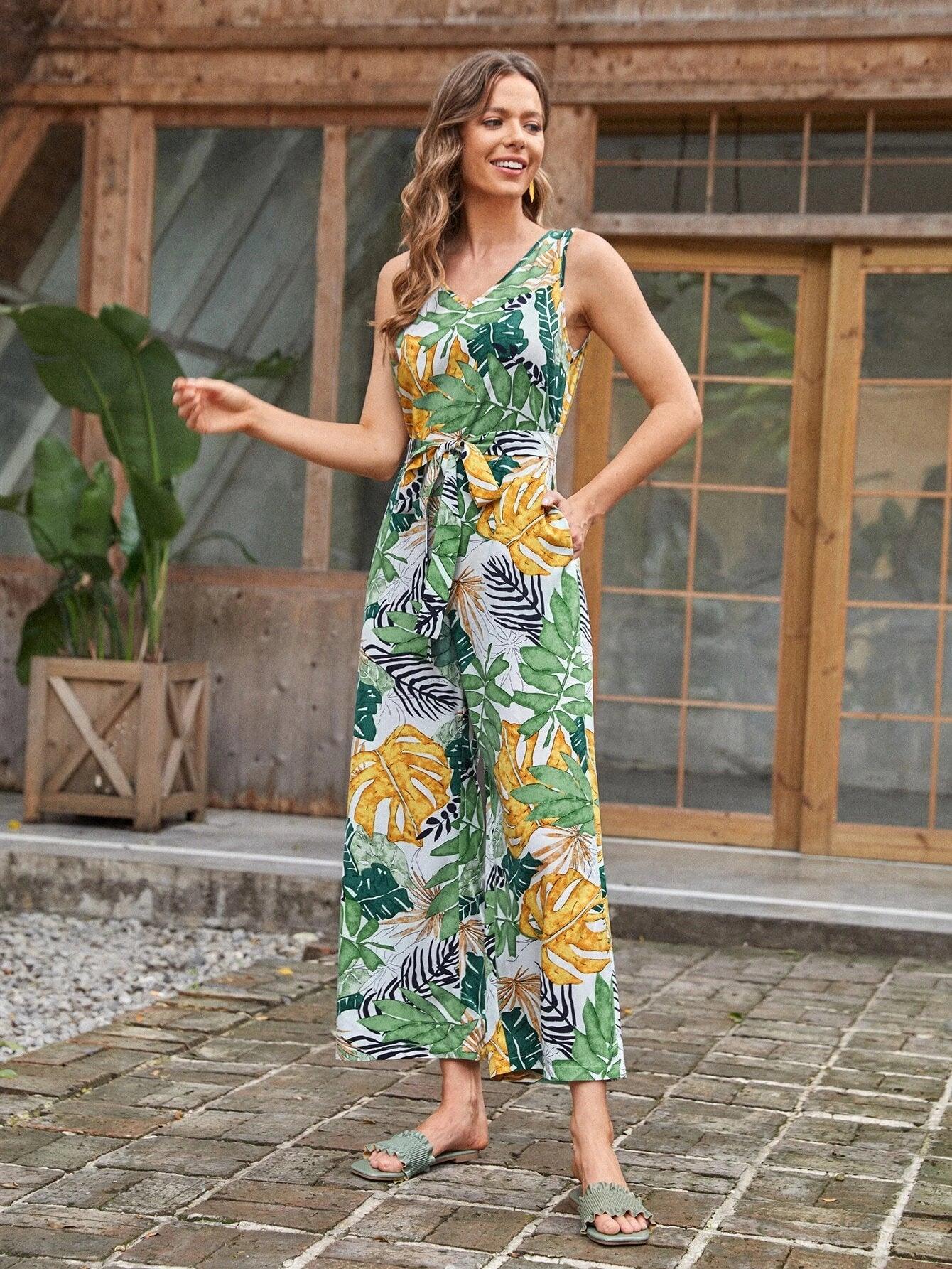 Tropical Printed Wide Leg Jumpsuit-Comfy Jumpsuits