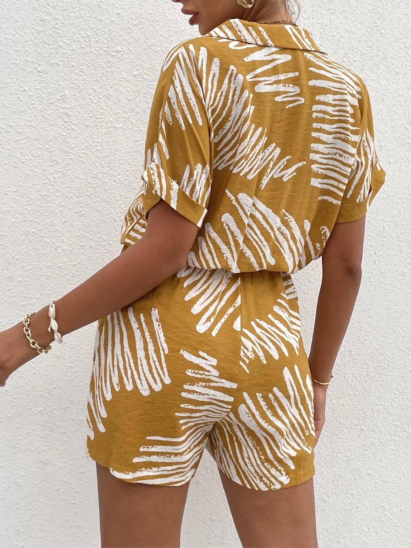 Short Sleeve Front Shirt Romper-Comfy Jumpsuits