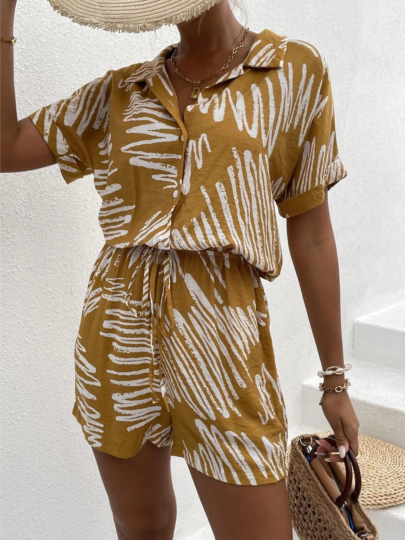 Short Sleeve Front Shirt Romper-Comfy Jumpsuits