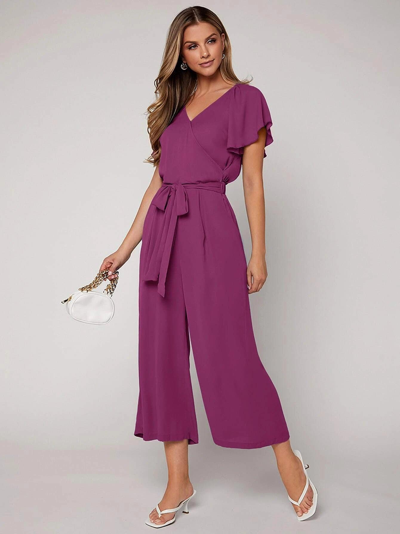 Butterfly Sleeve Belted Jumpsuit-Comfy Jumpsuits