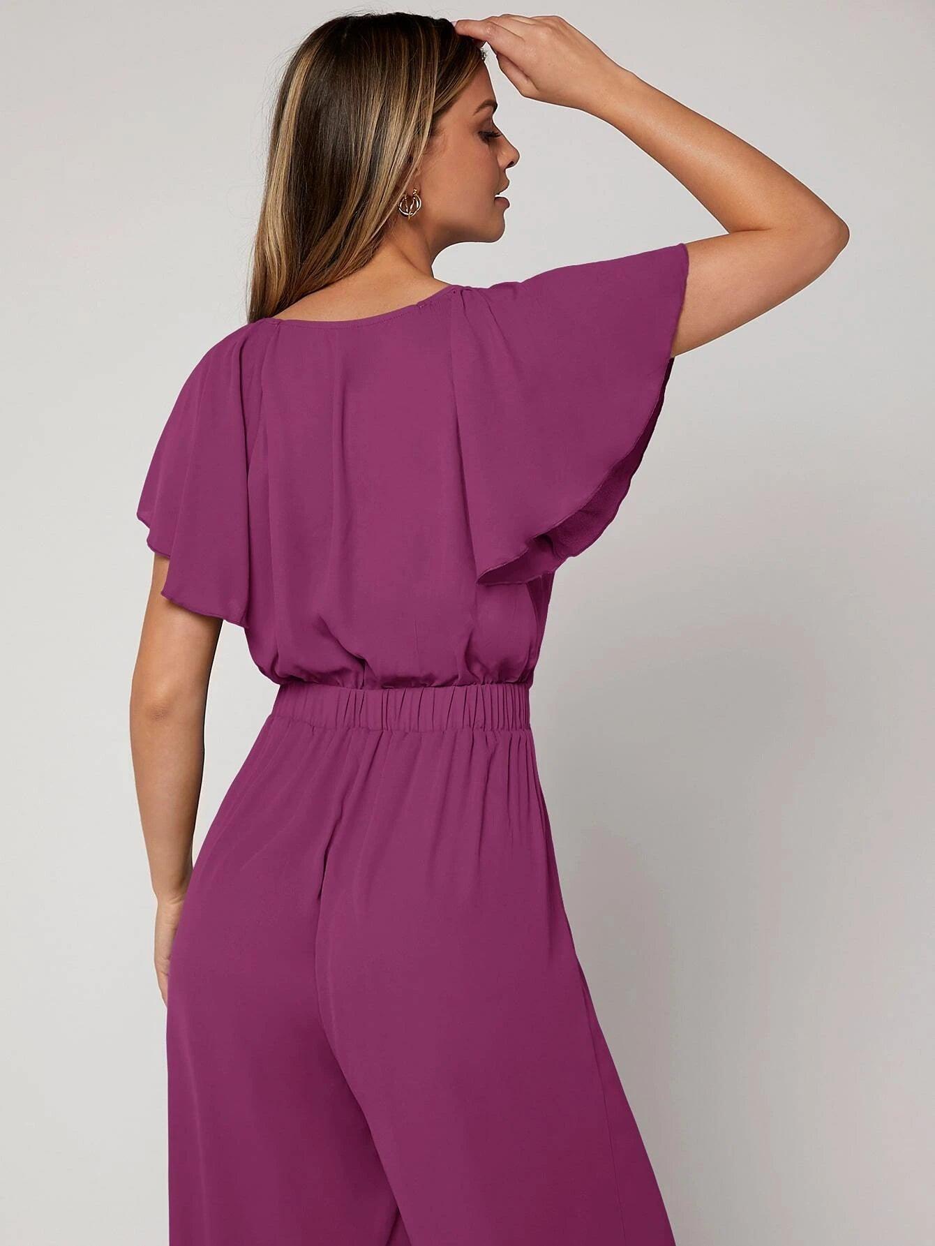 Butterfly Sleeve Belted Jumpsuit-Comfy Jumpsuits