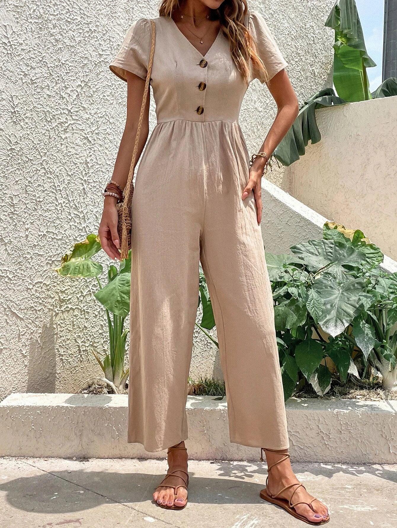 Puff Sleeve Zip Back Jumpsuit-Comfy Jumpsuits