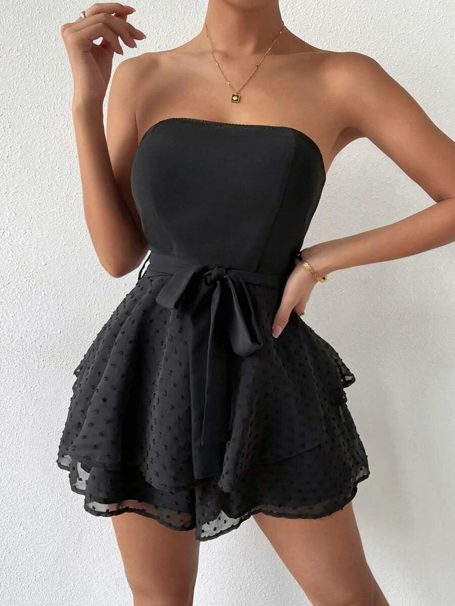 Swiss Dot Belted Tube Top Romper-Comfy Jumpsuits