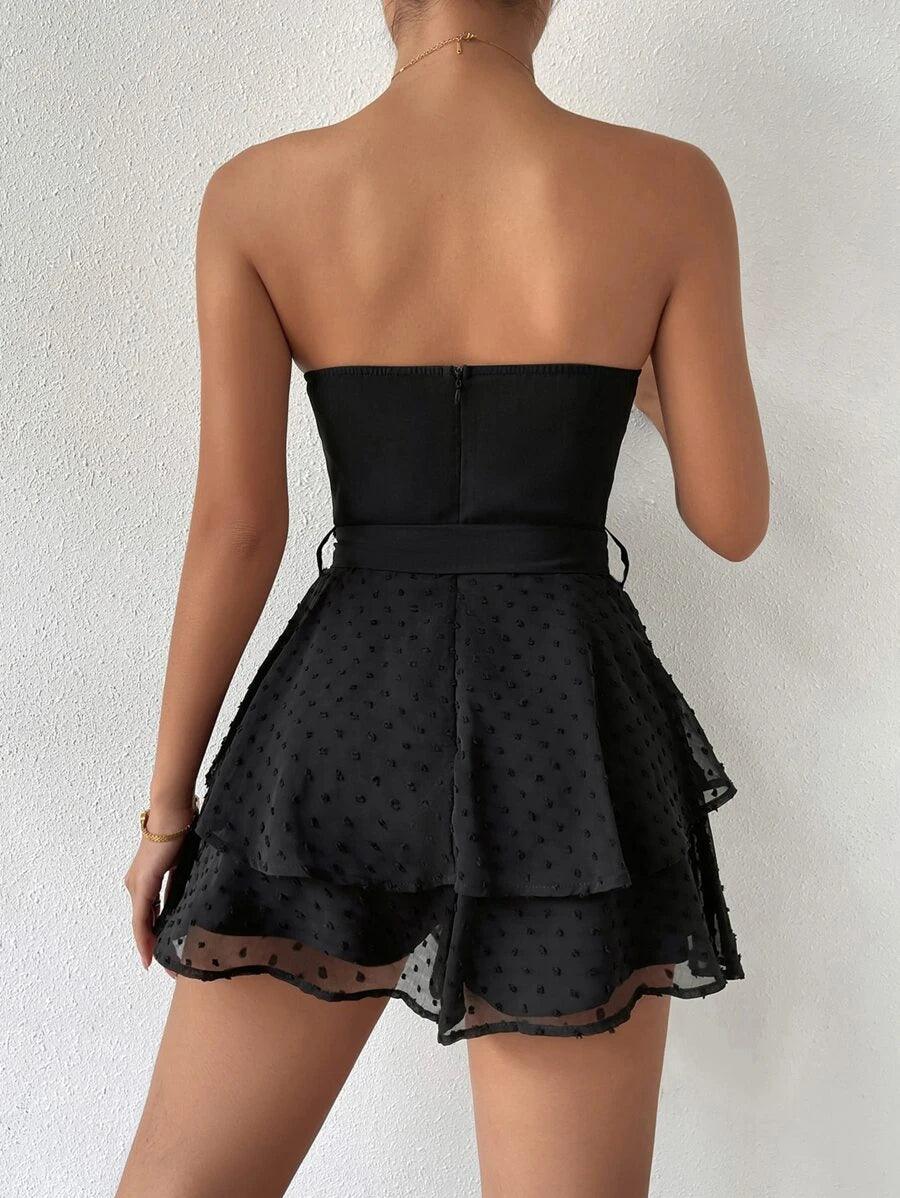 Swiss Dot Belted Tube Top Romper-Comfy Jumpsuits