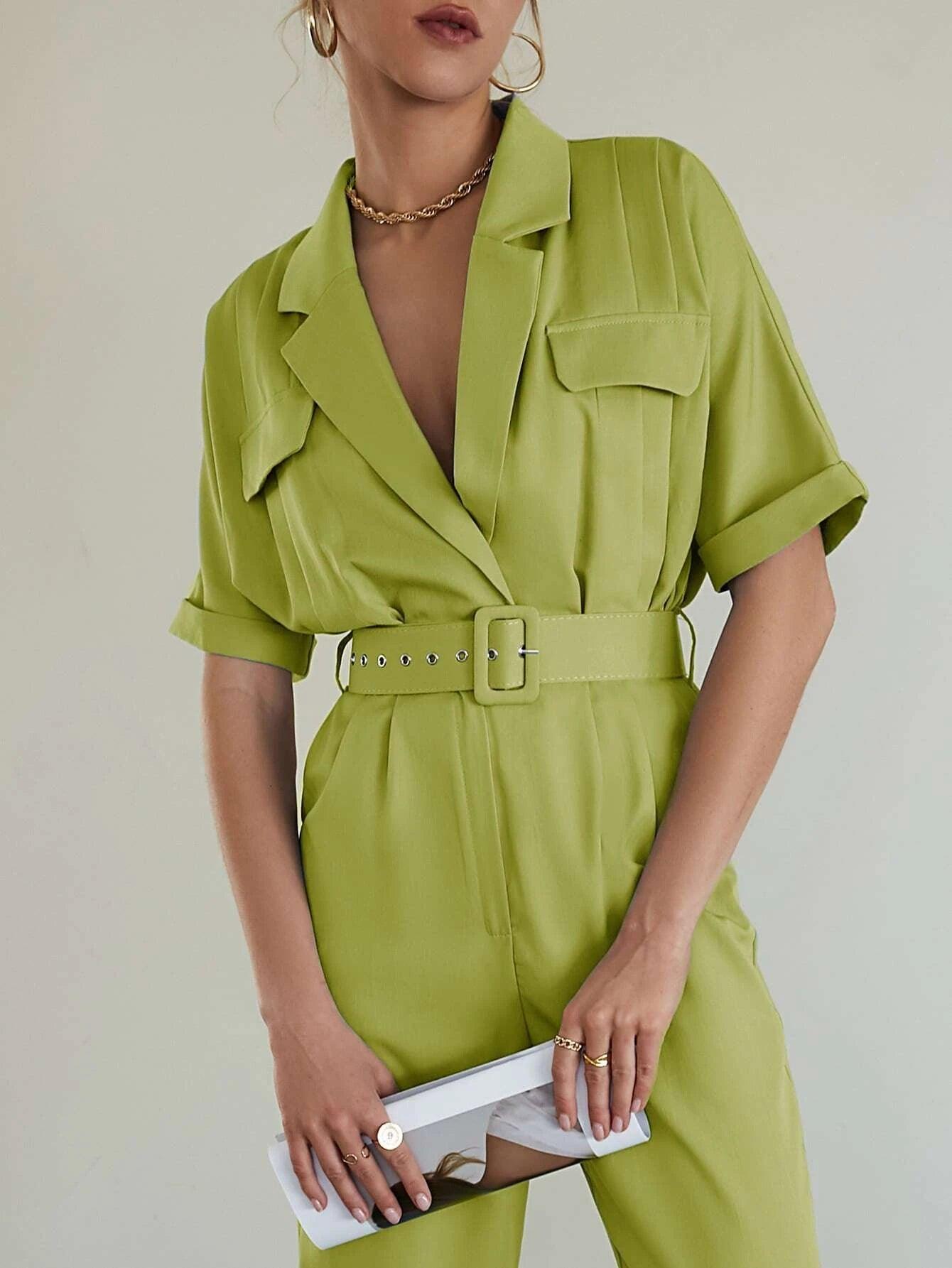 Lapel Neck Belted Shirt Jumpsuit-Comfy Jumpsuits