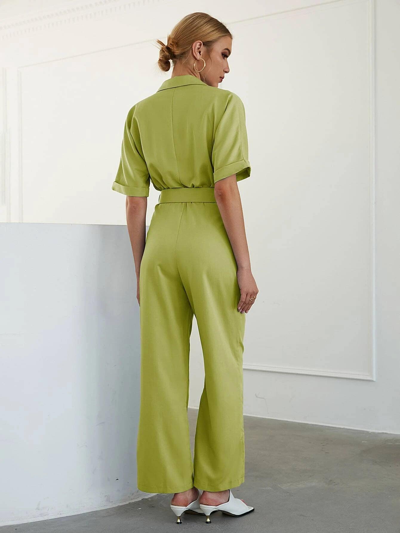 Lapel Neck Belted Shirt Jumpsuit-Comfy Jumpsuits