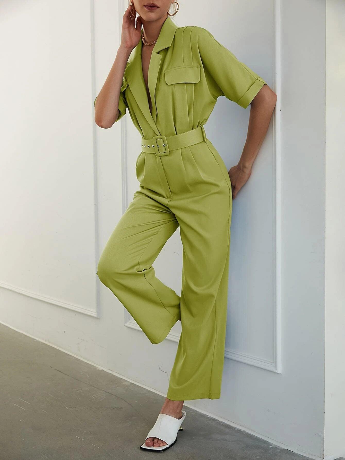 Lapel Neck Belted Shirt Jumpsuit-Comfy Jumpsuits