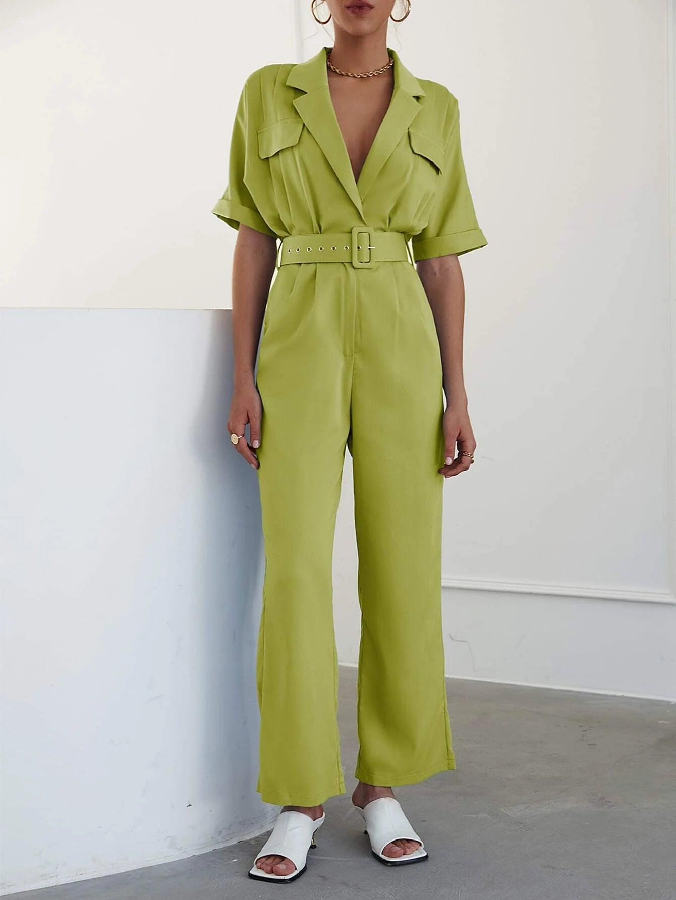 Lapel Neck Belted Shirt Jumpsuit-Comfy Jumpsuits