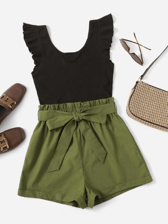 Two Tone Ruffle Sleeve Paperbag Waist Belted Romper-Comfy Jumpsuits