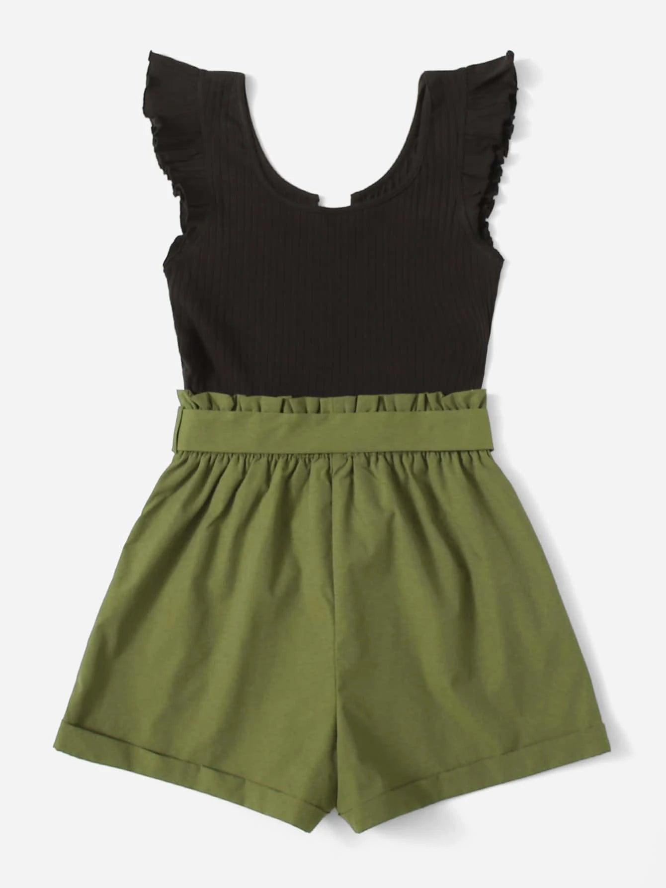 Two Tone Ruffle Sleeve Paperbag Waist Belted Romper-Comfy Jumpsuits