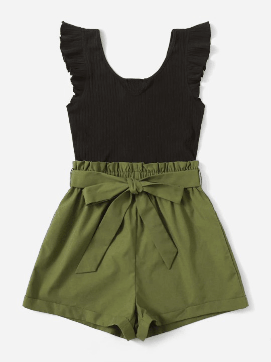 Two Tone Ruffle Sleeve Paperbag Waist Belted Romper-Comfy Jumpsuits