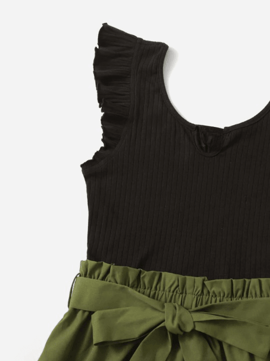 Two Tone Ruffle Sleeve Paperbag Waist Belted Romper-Comfy Jumpsuits