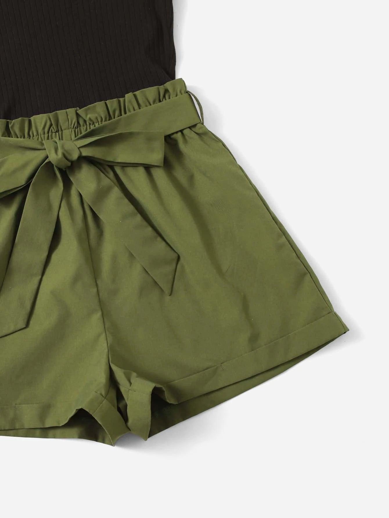 Plus Ruffle Armhole Paperbag Waist Belted Romper-Comfy Jumpsuits