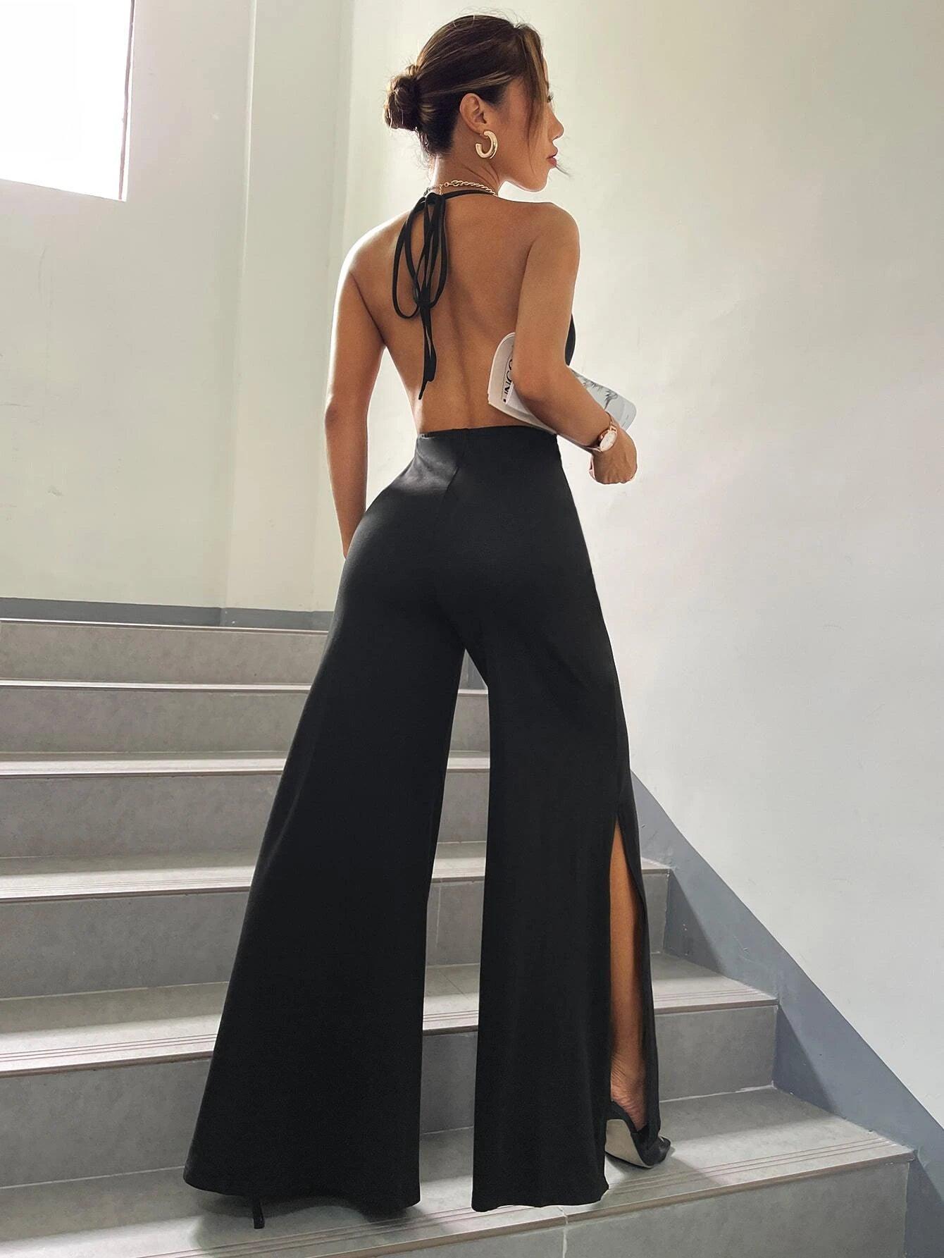 Split Hem Wide Leg Tie Backless Halter Jumpsuit-Comfy Jumpsuits