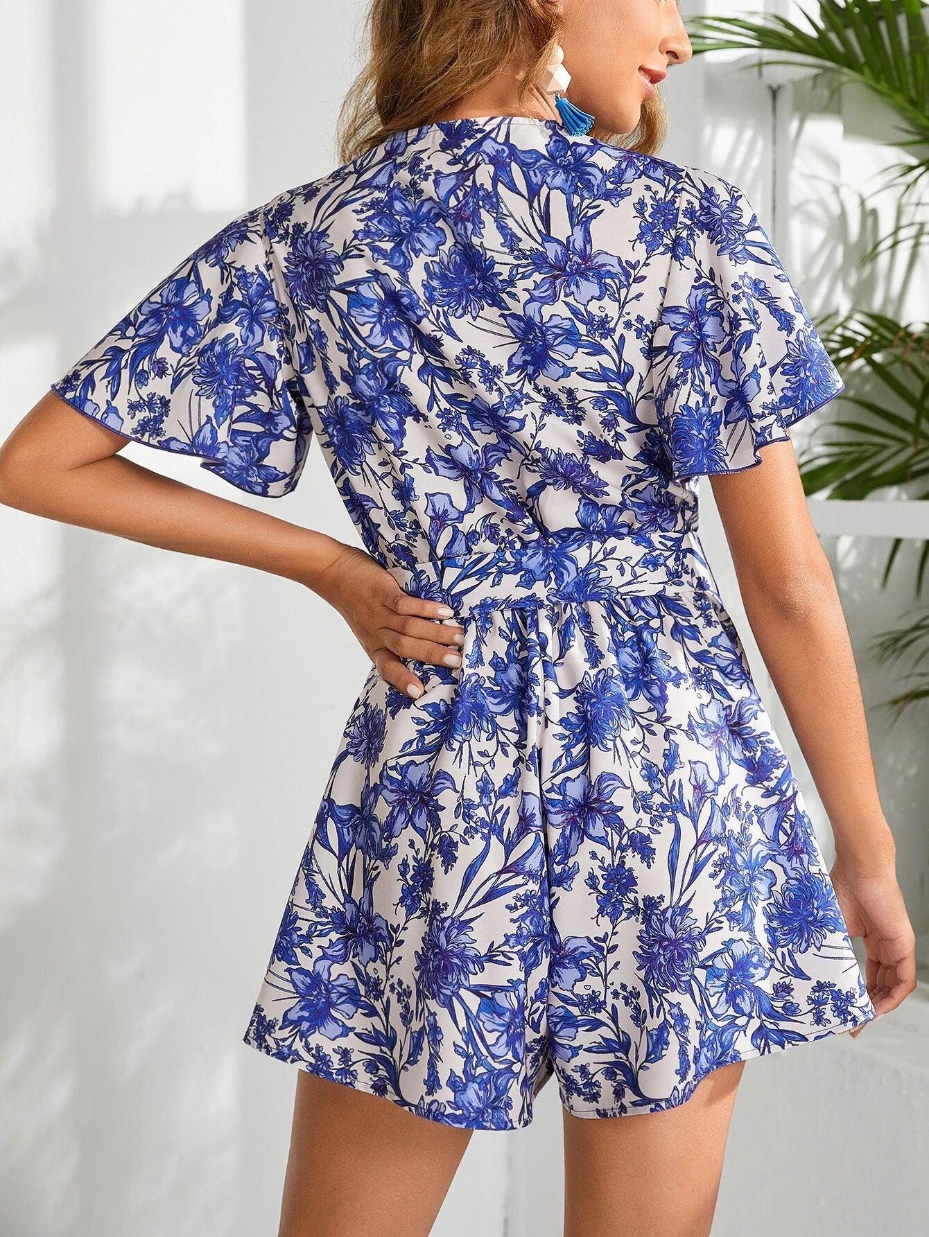 Allover Floral Print Flutter Sleeve Belted Shirt Romper-Comfy Jumpsuits