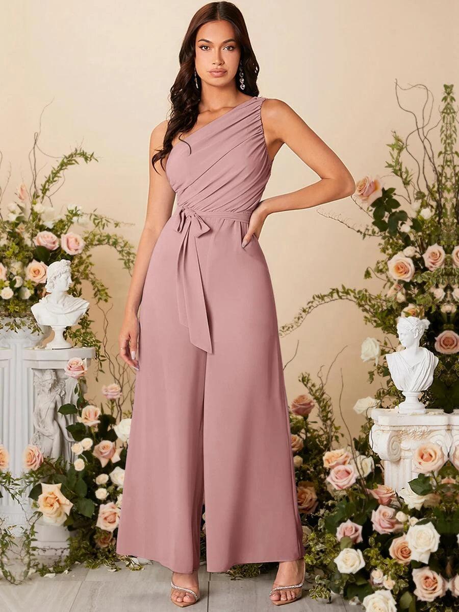 One Shoulder Ruched Wide Leg Flared Jumpsuit-Comfy Jumpsuits