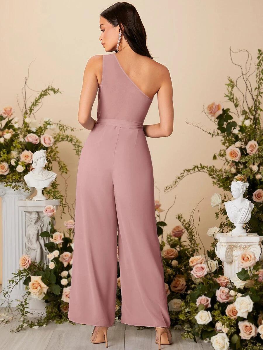 One Shoulder Ruched Wide Leg Flared Jumpsuit-Comfy Jumpsuits