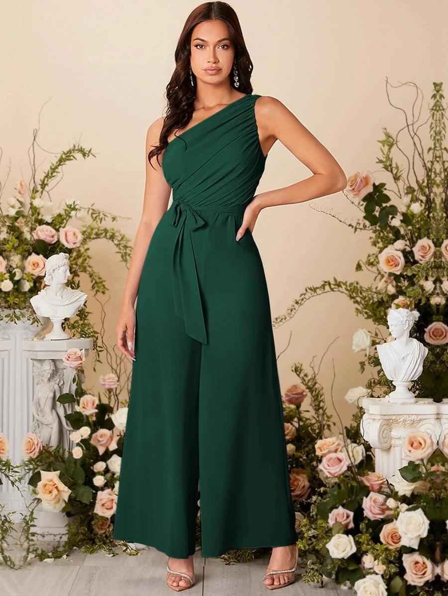 One Shoulder Ruched Wide Leg Flared Jumpsuit-Comfy Jumpsuits
