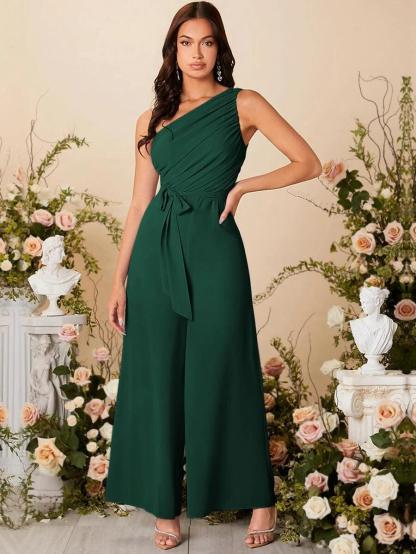 One Shoulder Ruched Wide Leg Flared Jumpsuit-Comfy Jumpsuits