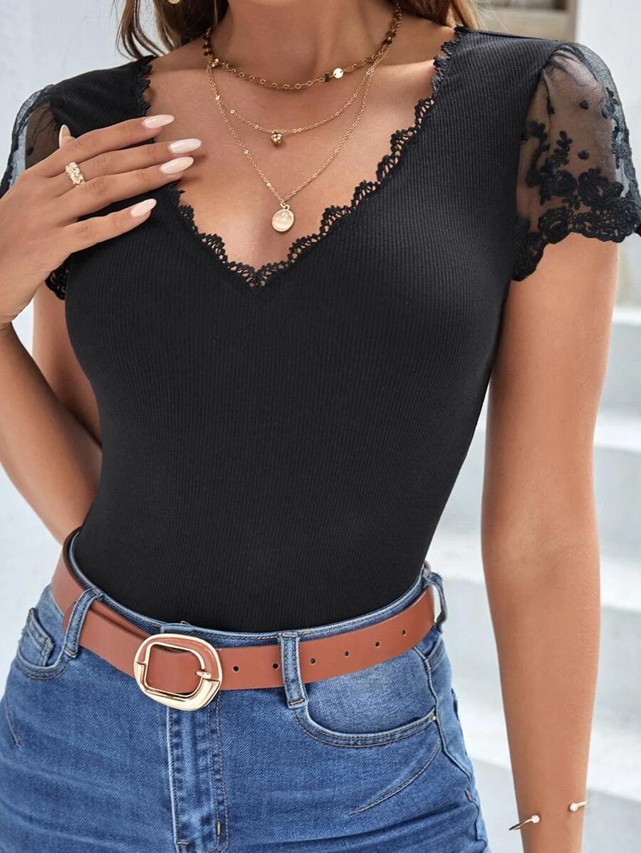 Short Sleeve Knit Mesh Embroidery Bodysuit-Comfy Jumpsuits