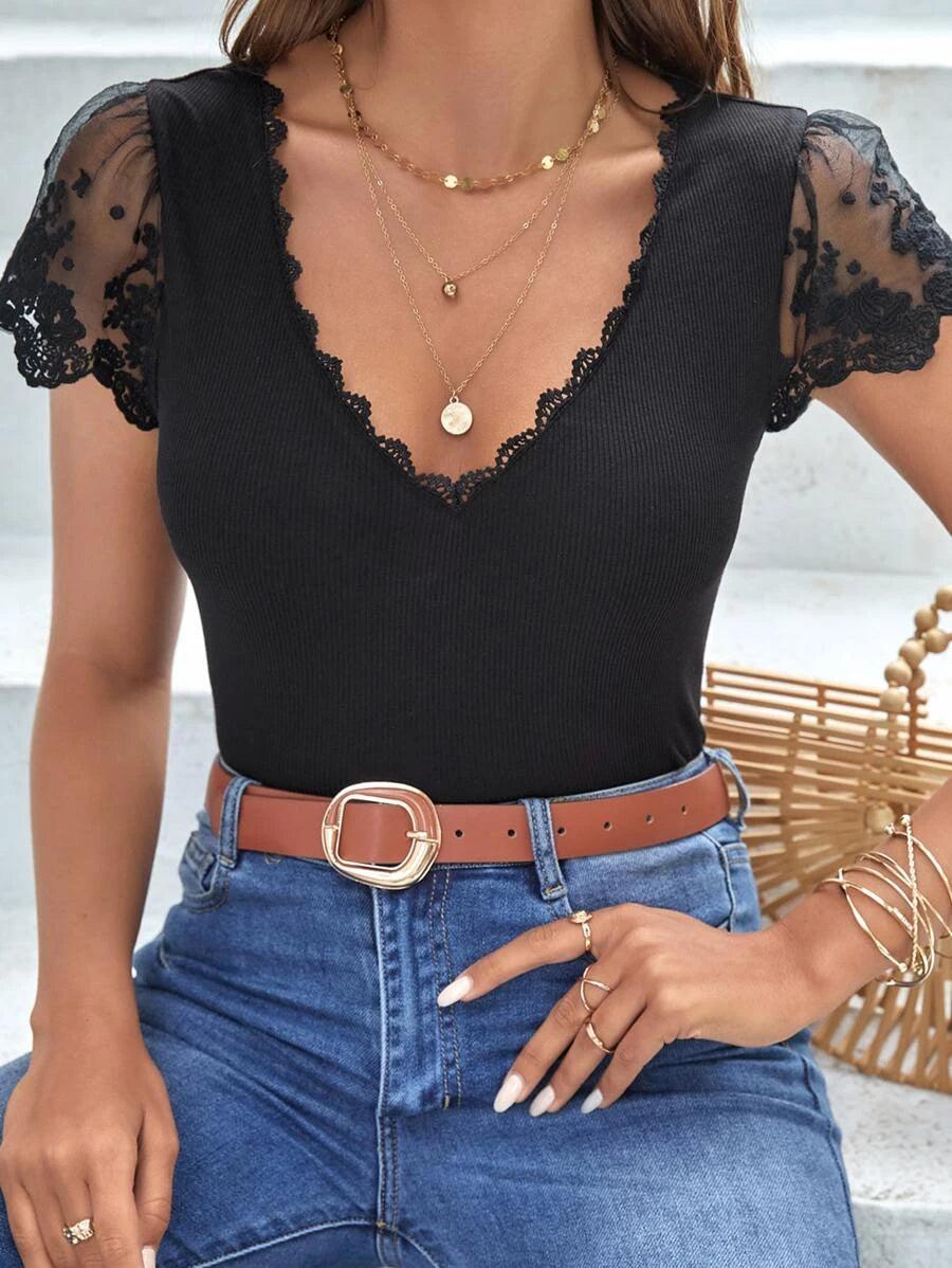 Short Sleeve Knit Mesh Embroidery Bodysuit-Comfy Jumpsuits