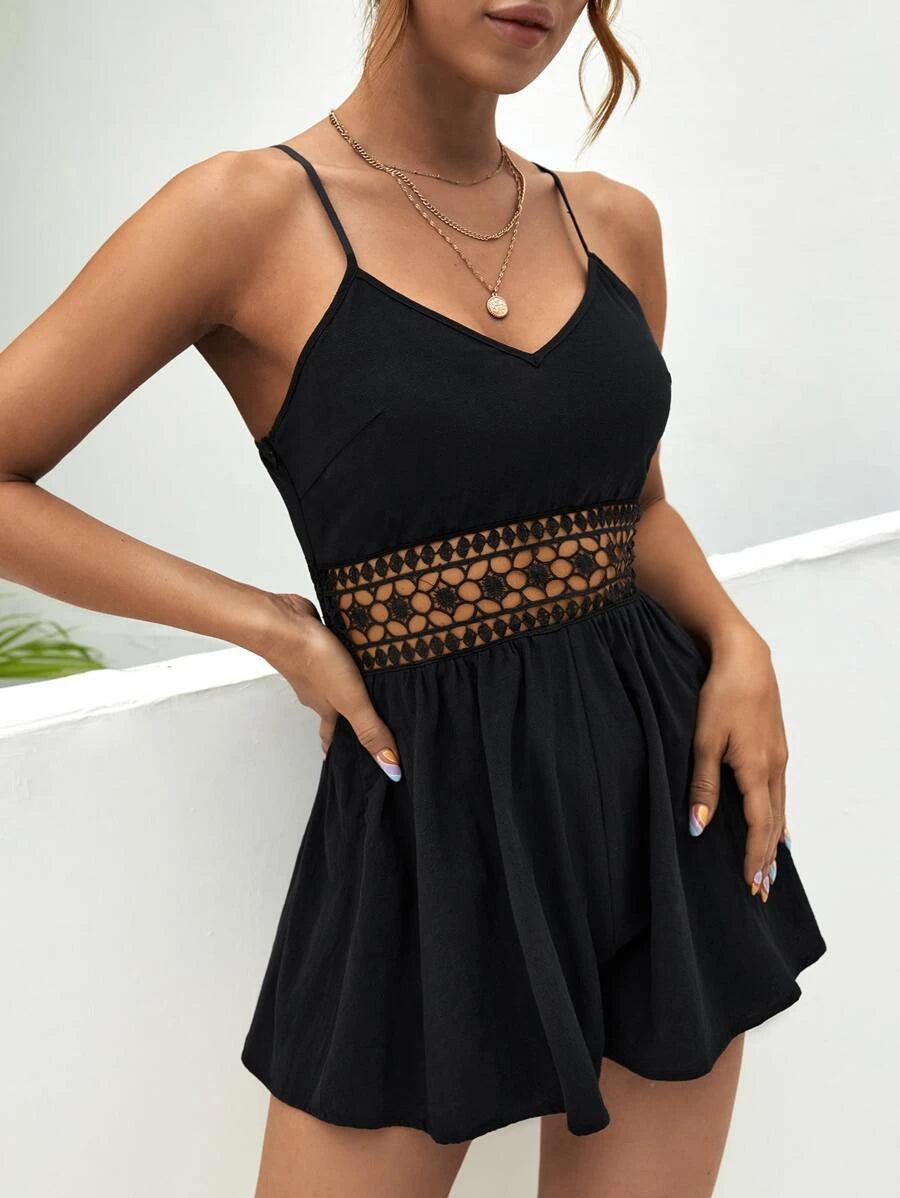 Contrast Guipure Lace Cami Romper-Comfy Jumpsuits