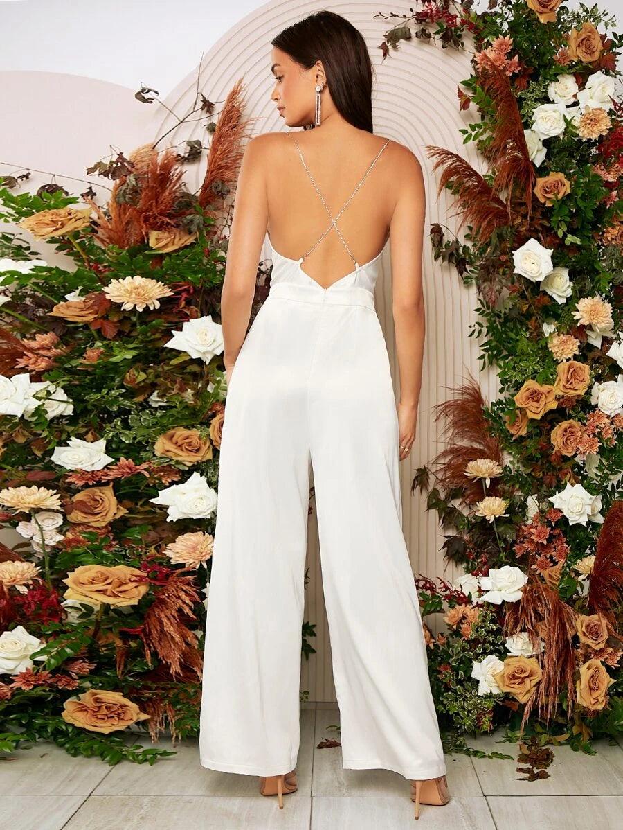 Rhinestone Strap Crisscross Back Jumpsuit-Comfy Jumpsuits