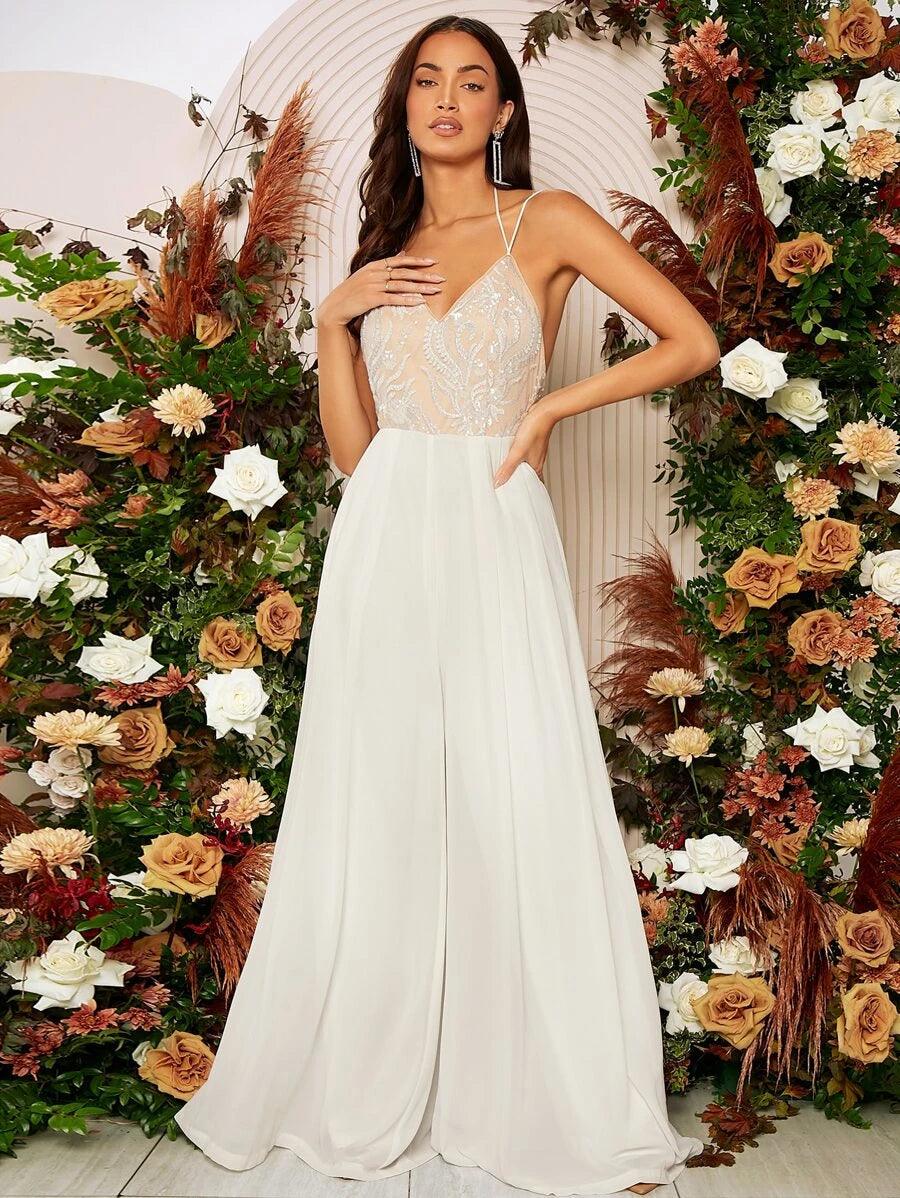 Belle Contrast Sequin Tie Backless Jumpsuit-Comfy Jumpsuits