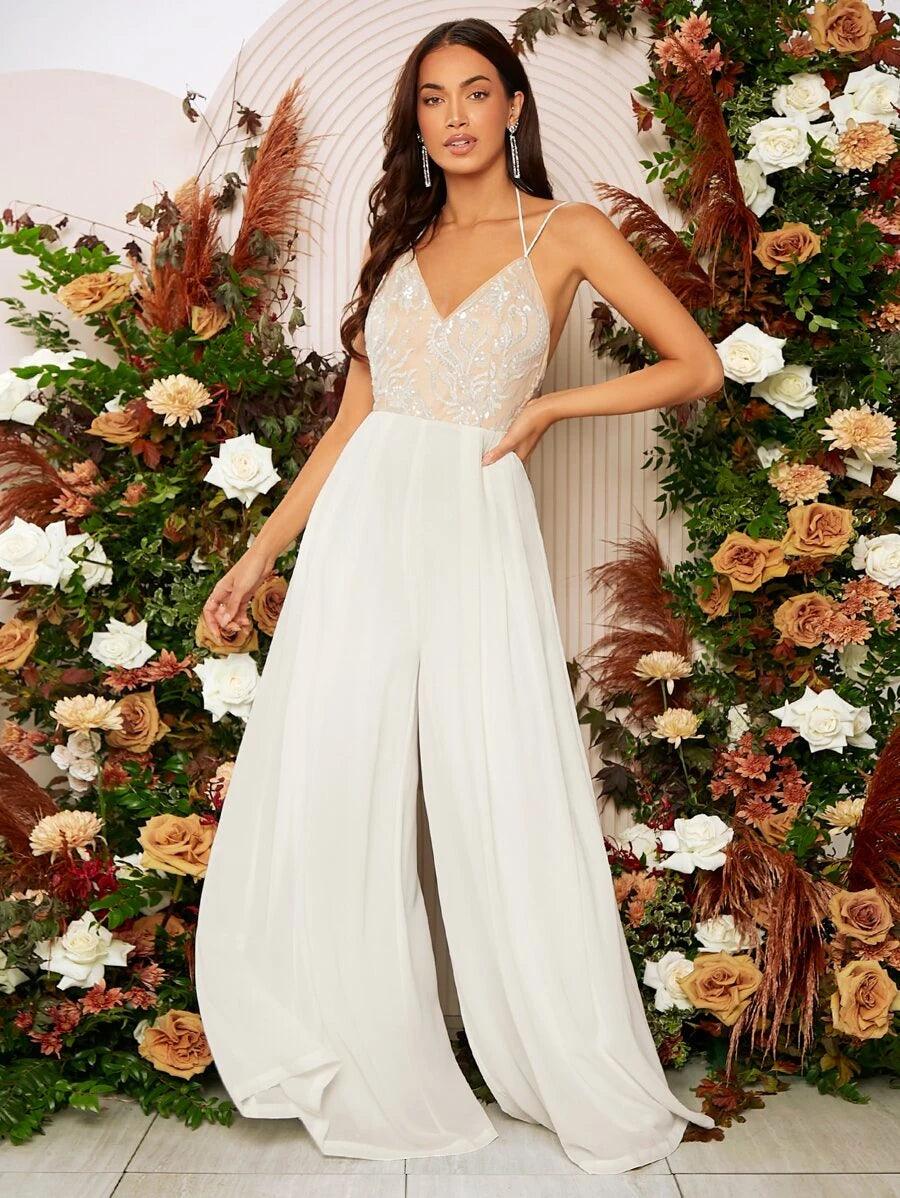 Belle Contrast Sequin Tie Backless Jumpsuit-Comfy Jumpsuits