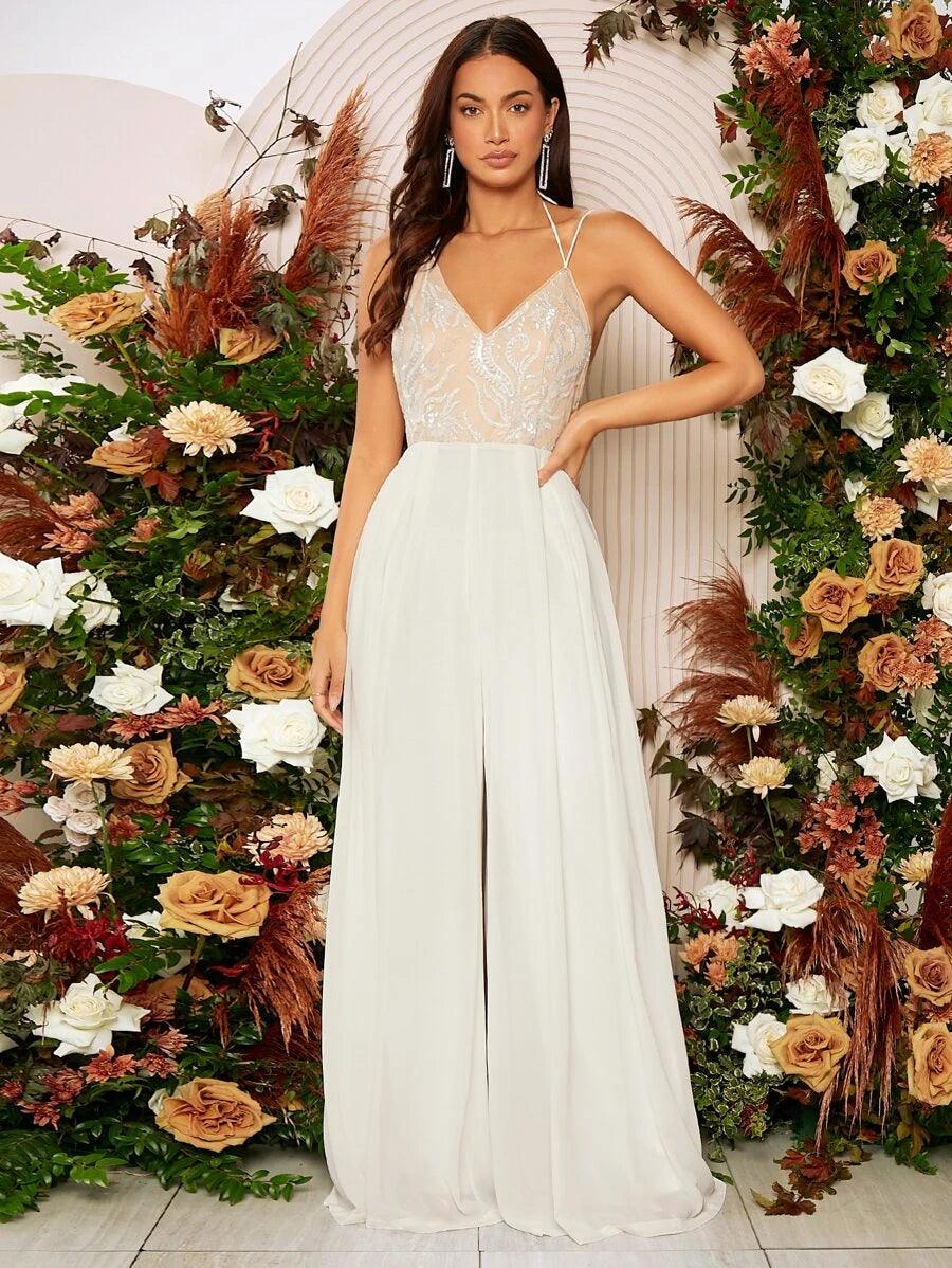 Belle Contrast Sequin Tie Backless Jumpsuit-Comfy Jumpsuits