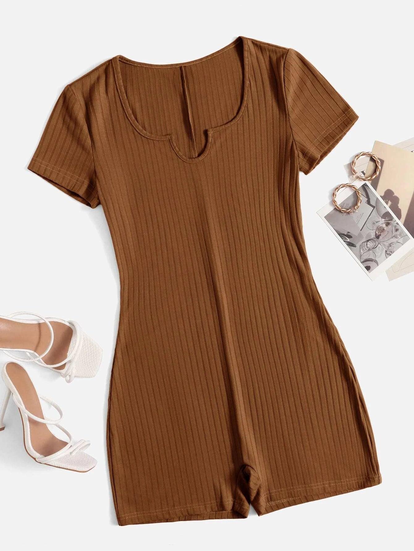 Short Sleeve Neck Rib Knit Romper-Comfy Jumpsuits
