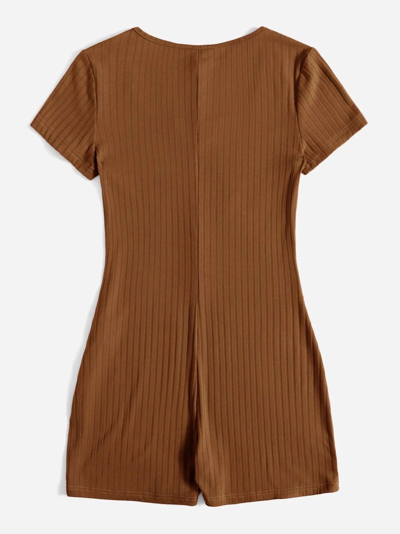 Short Sleeve Neck Rib Knit Romper-Comfy Jumpsuits