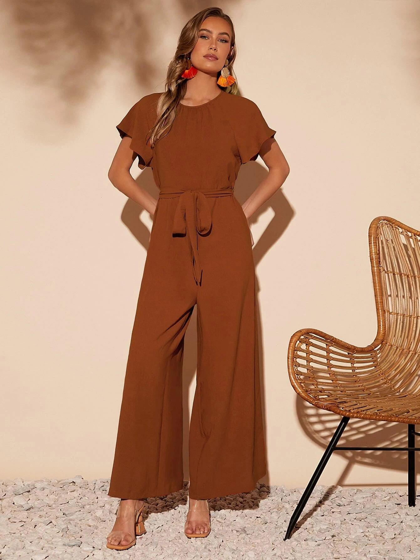 Butterfly Sleeve Belted Wide Leg Jumpsuit-Comfy Jumpsuits