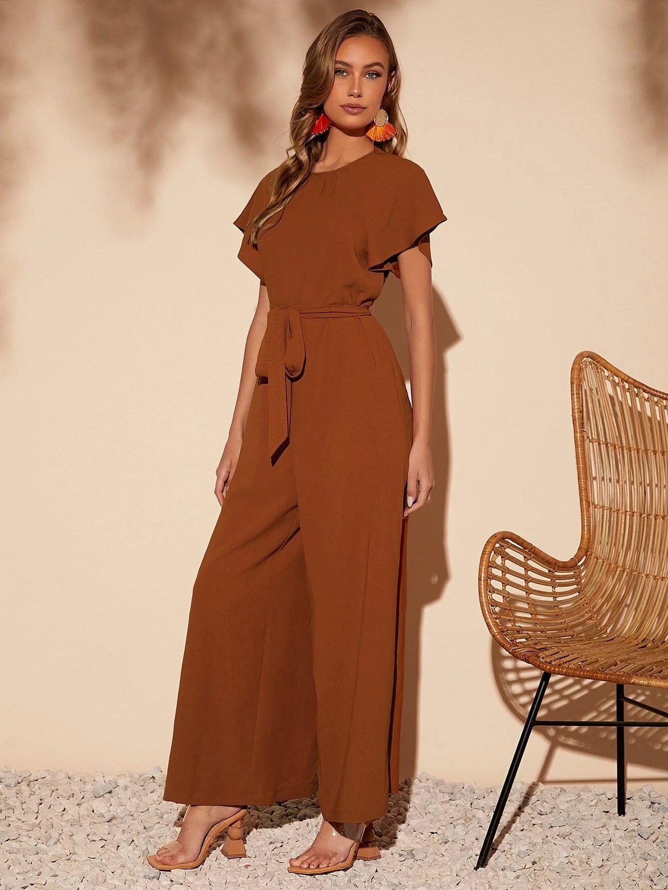 Butterfly Sleeve Belted Wide Leg Jumpsuit-Comfy Jumpsuits