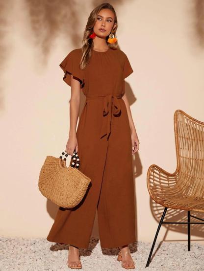 Butterfly Sleeve Belted Wide Leg Jumpsuit-Comfy Jumpsuits