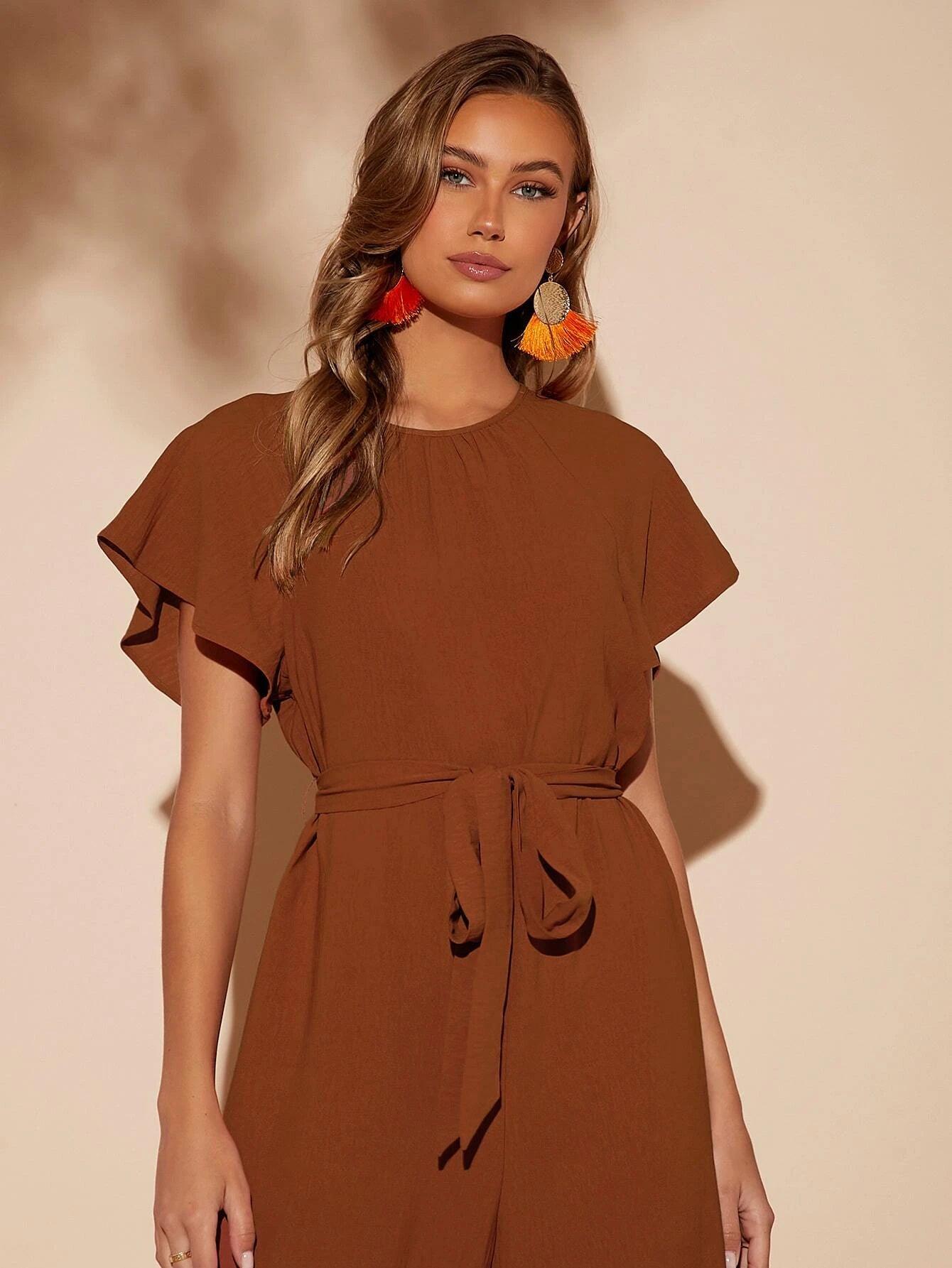 Butterfly Sleeve Belted Wide Leg Jumpsuit-Comfy Jumpsuits