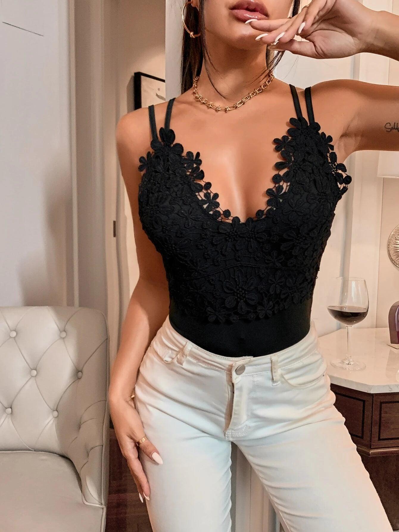 Guipure Lace Panel Cami Bodysuit-Comfy Jumpsuits