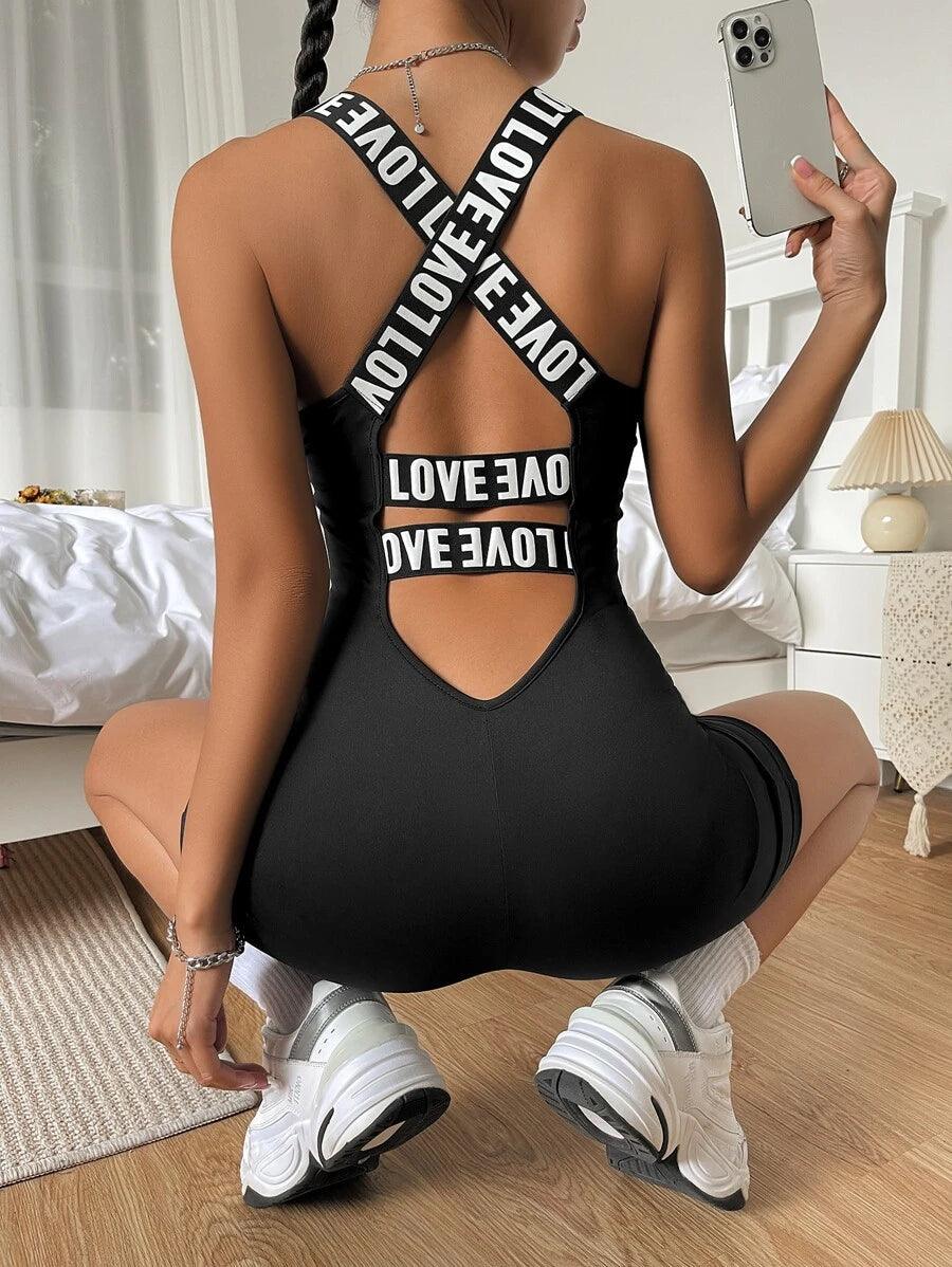Letter Tape Crisscross Back Tank Unitard Romper-Comfy Jumpsuits