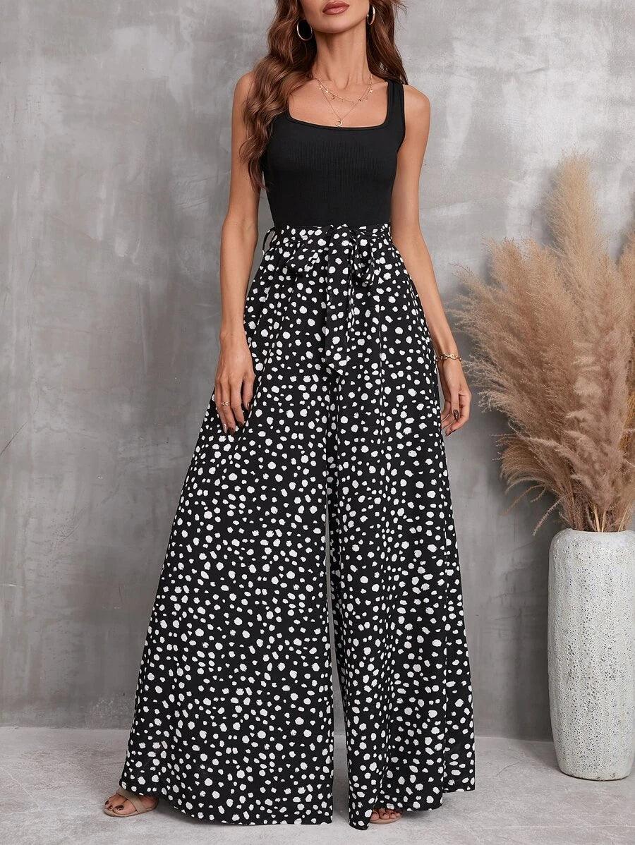 Dalmatian Print Wide Leg Belted Jumpsuit-Comfy Jumpsuits